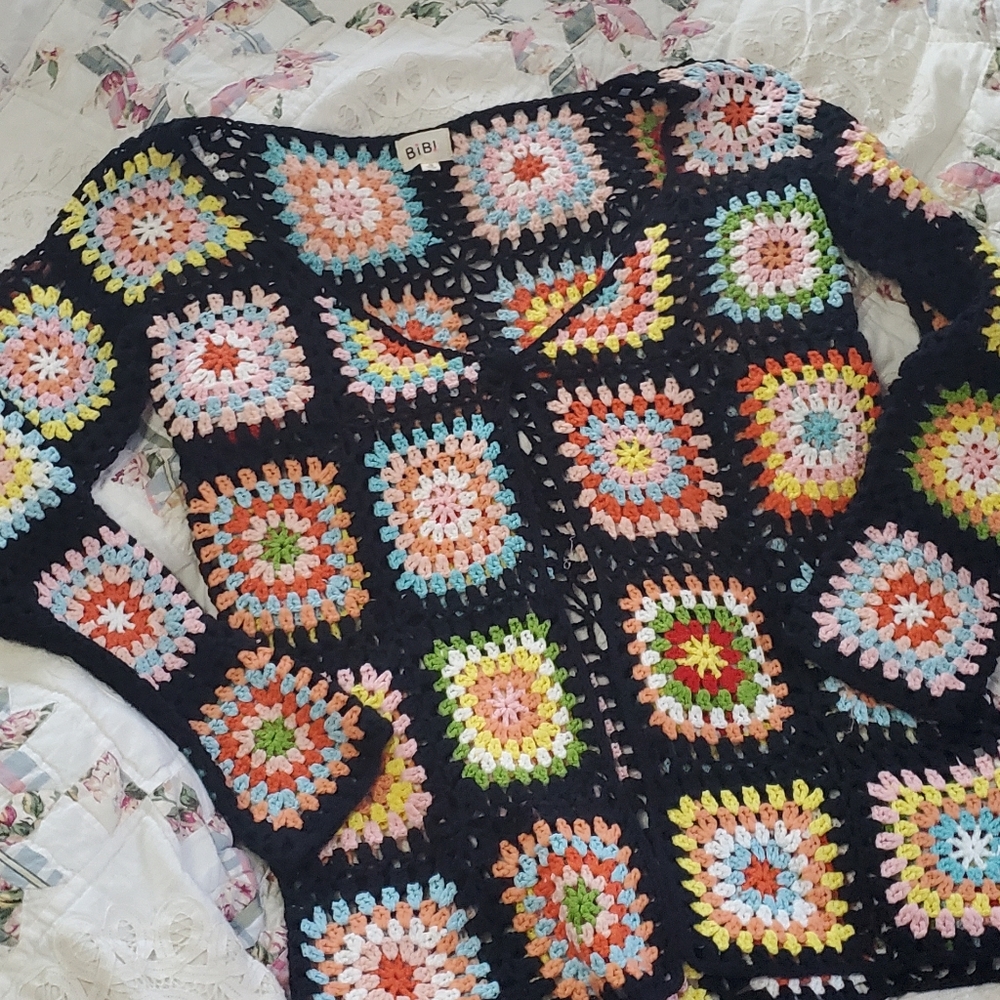 BiBi Black Crochet Granny Square Cardigan with Multicolor Accents - Picture 2 of 6